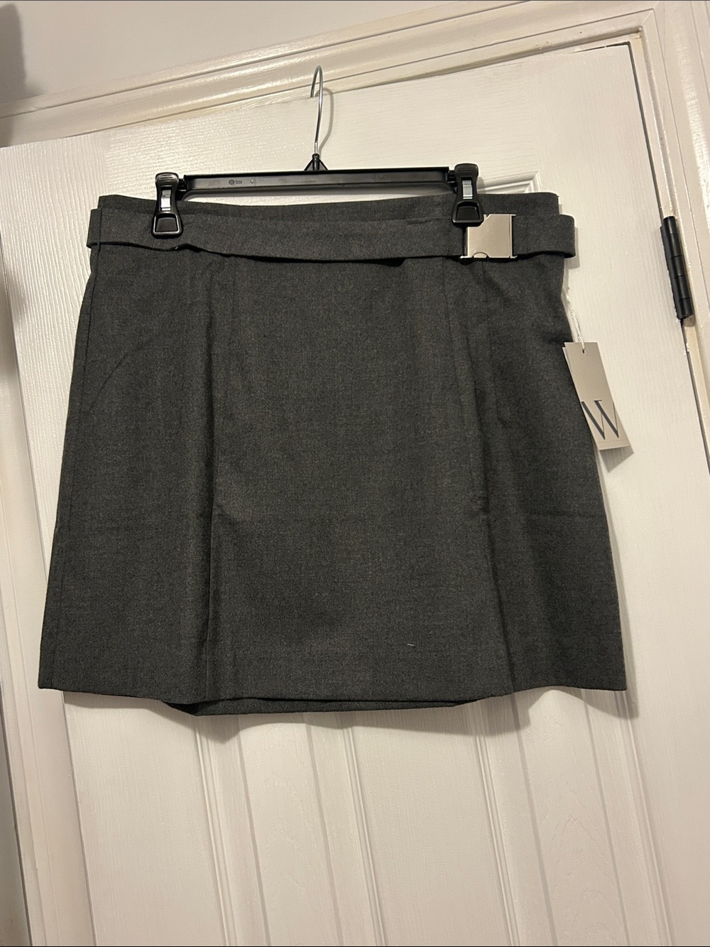 Wool-Blend Dark Gray Mini Skirt with Buckle Detail